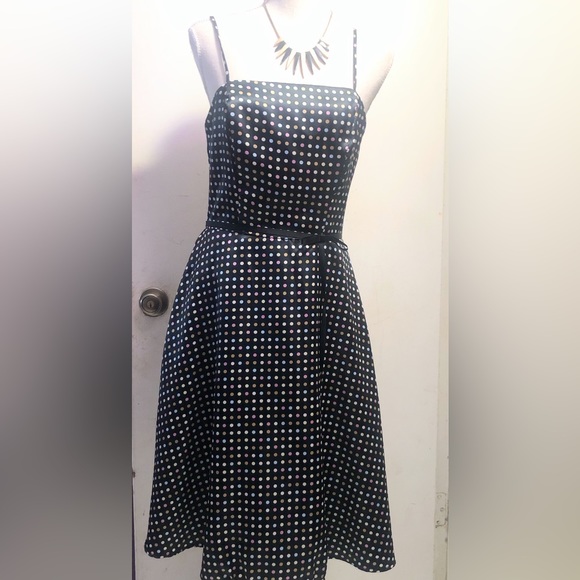 CDC Caren Desiree Black Fit & Flare, Spaghetti Strap Polka Dot Midi Dress, SZ 06 - Picture 3 of 16